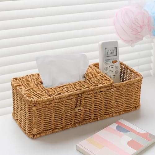Afarnook Rectangular Natural Rattan Tissue Box Cover Rustic Boho Decorative Seagrass Woven Wicker Facial Tissue Box Holder with Side Organizer for Bathroom Living Room Night Stand Table Office