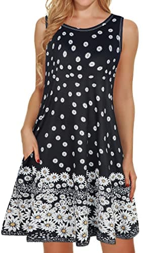 Summer Dresses for Women Beach Floral Tshirt Sundress Sleeveless Pockets Casual Loose Tank Tunic(Black Daisy,XL)