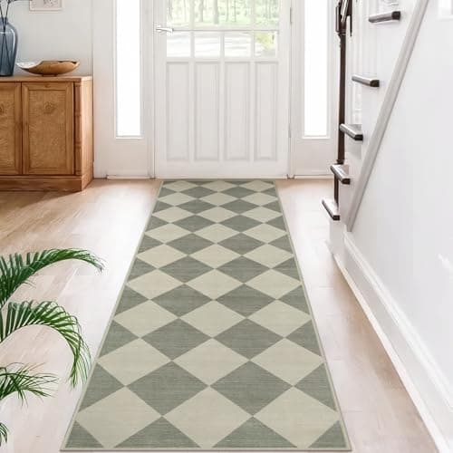Beeiva Checkered Print Kitchen Runner Rugs Non Skid Washable 2.5x8, Ultra Thin Low Pile Green Runners for Hallways 8ft, Geometric Farmhouse Floor Carpet for Bedroom Entryway, Modern Plaid Home Decor