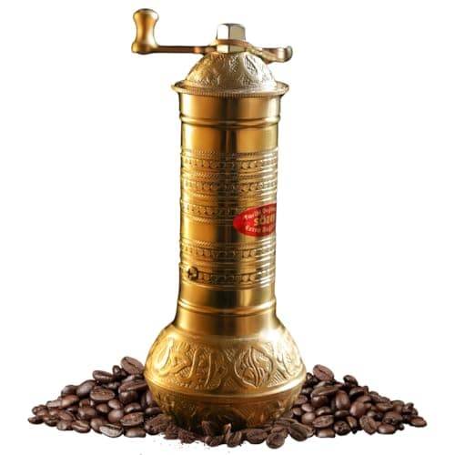 Sozen 7.6" Hammered Manual Coffee Grinder Brass – Hand Crank Burr Mill for Turkish Coffee, French Press, Espresso, Camping & Home Use – Portable Coffee Bean Grinder, Adjustable Conical Grinder