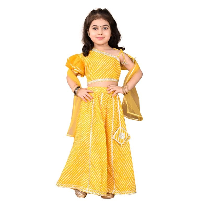 superminis Girls Cotton One Shoulder Lehariya Printed Lehenga Choli and Net Dupatta Set (5-6 Years, Yellow) | Finish Type: Readymade