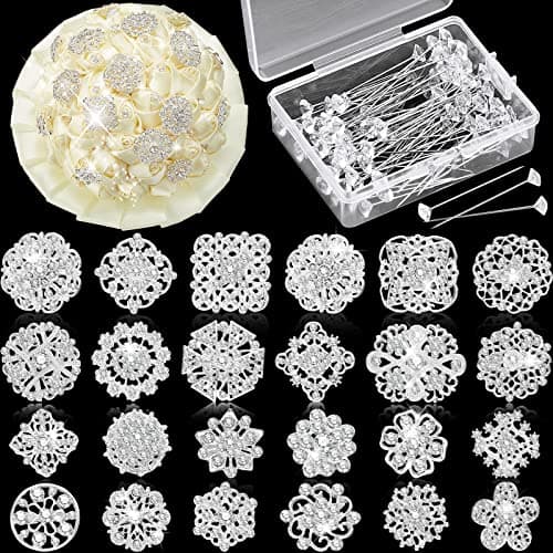 124 Pcs Bouquet Pins Flower Brooch Rhinestone Diamond Brooches Crystal Corsage Boutonniere Stick Pins Embellishments for Crafting Wedding Decor Supplies(Silver)