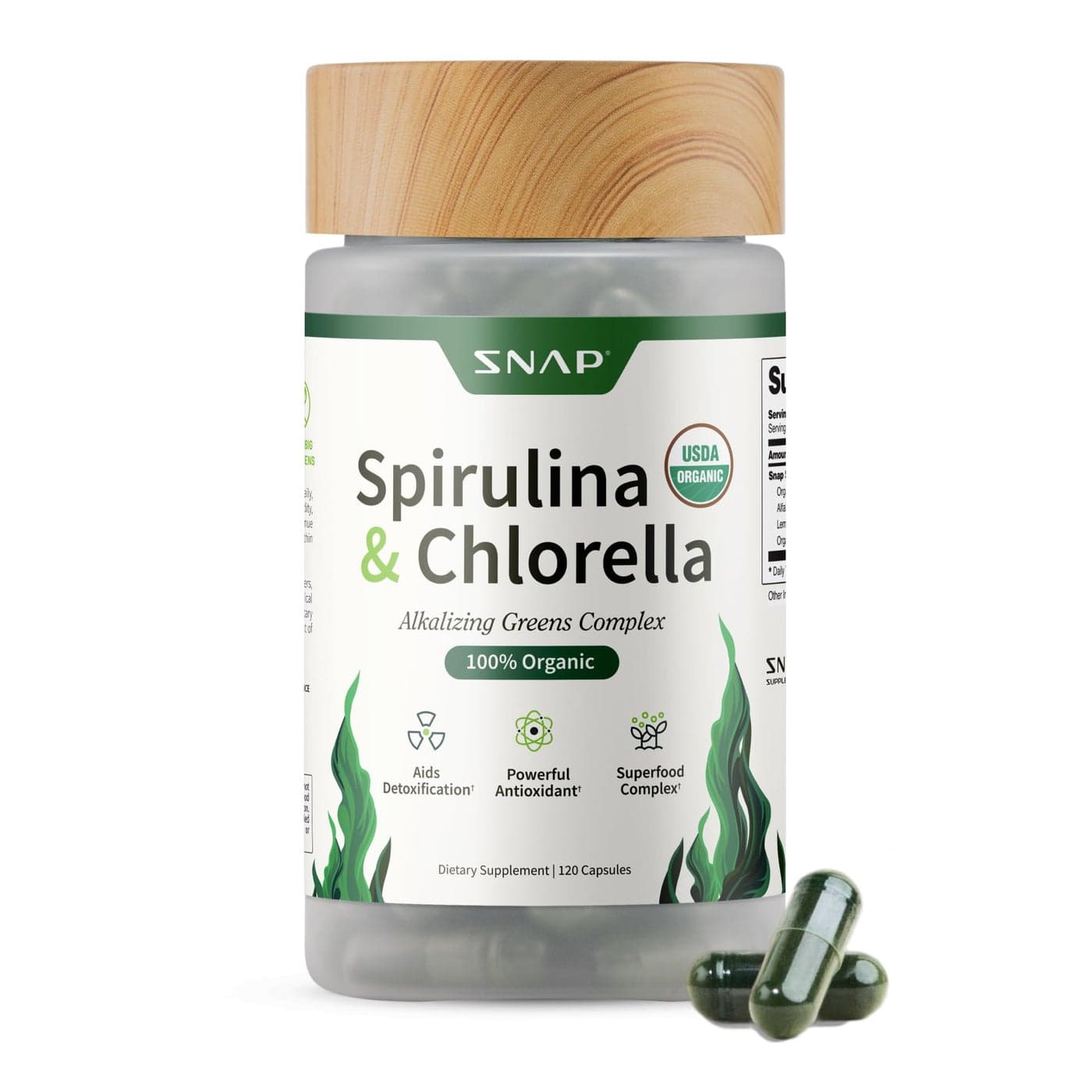 Snap Supplements Organic Spirulina and Chlorella Protein Rich Blue Green Algae Superfood Supplement for Energy and Immune Support 120 Vegetarian Capsules 30 Servings 1 Month Supply