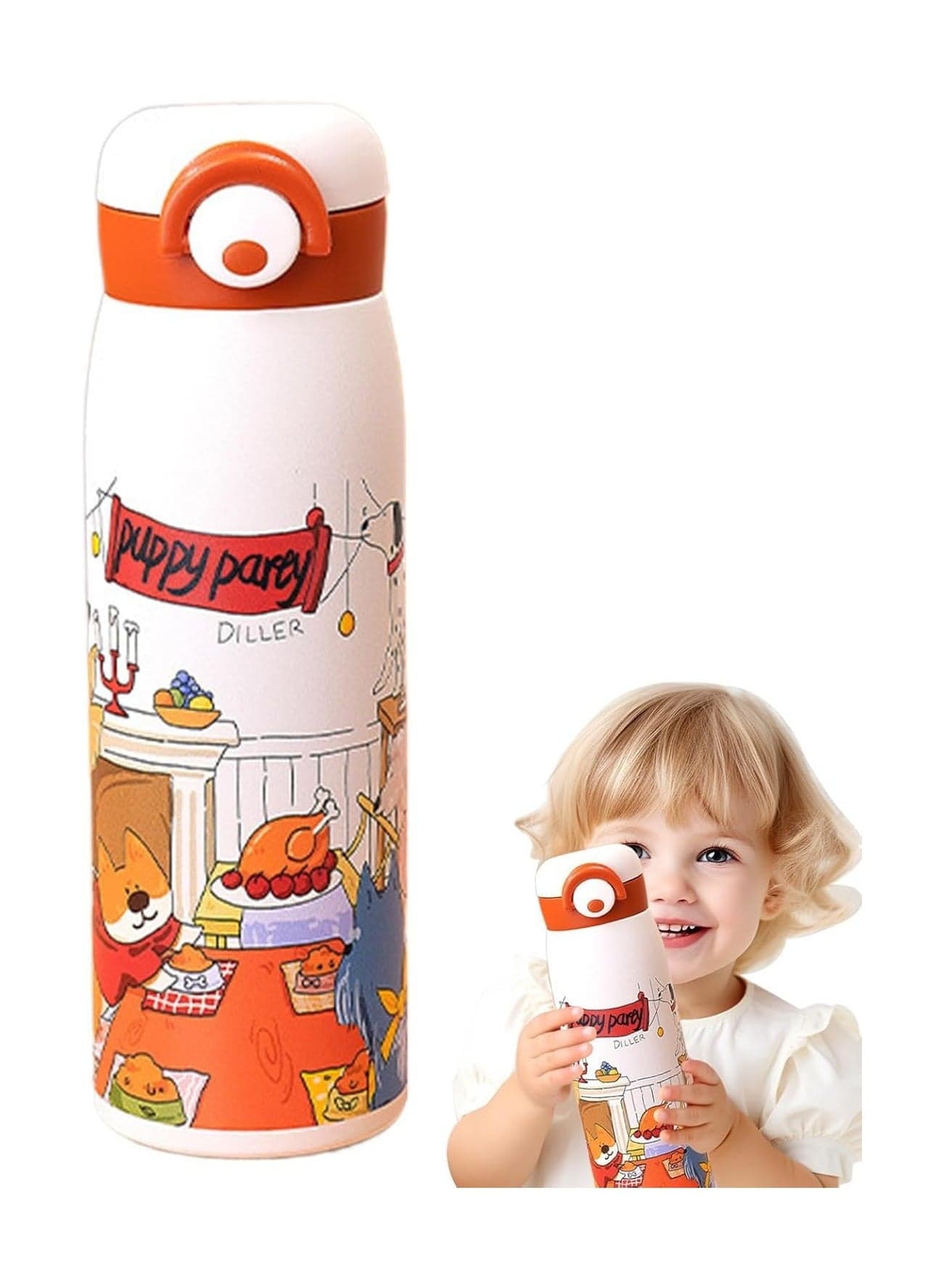 Kids Insulated Water Bottle, 500ml Aesthetic Water Travel Mug, Steel Cute Leakproof, Wide Mouth, Reusable Insulated Water Bottle for School, Boys, Girls