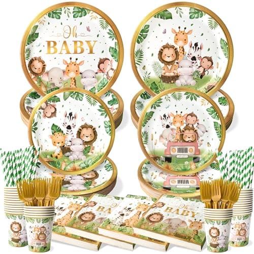 300 Pcs Safari Baby Shower Plates and Napkins Serves 50 Guests Plates Napkins Cups Straws and Forks Sets Party Supplies Jungle Safari Baby Shower Decorations