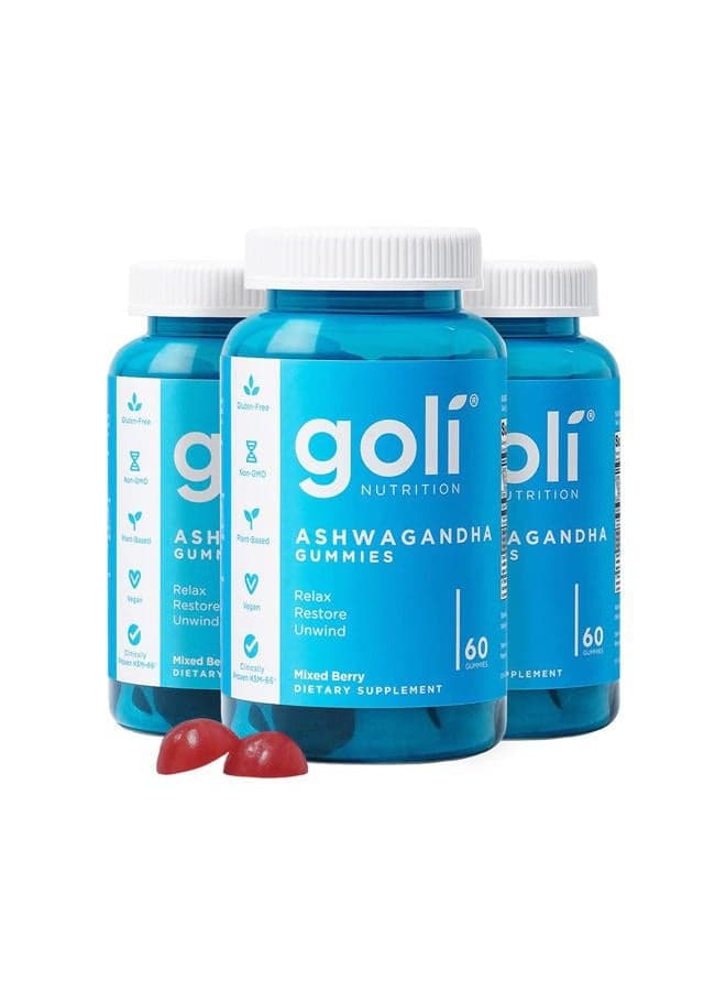 Ashwagandha & Vitamin D Gummy - 180 Count - Mixed Berry, KSM-66, Vegan, Plant Based, Non-GMO, Gluten-Free & Gelatin Free Relax. Restore. Unwind, Pack of 3