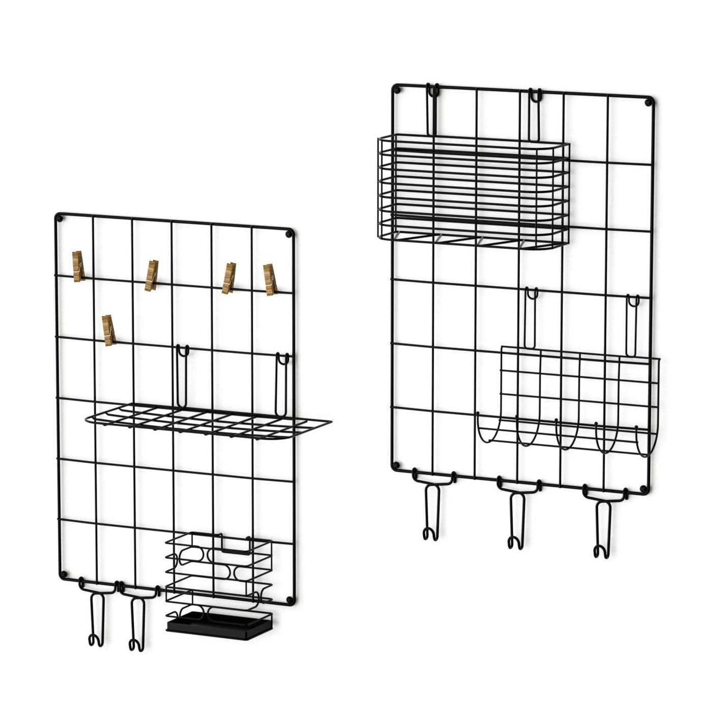 INDIAN DECOR 283084 Wall Grid Panel Wire Grid Panel Set of 2 for Wall Decoration or Organization 5 Hooks and 5 Clips 1 x Letter Frame 1 x Hanging Basket 1 x Pen Holder and 1 x Hanging net