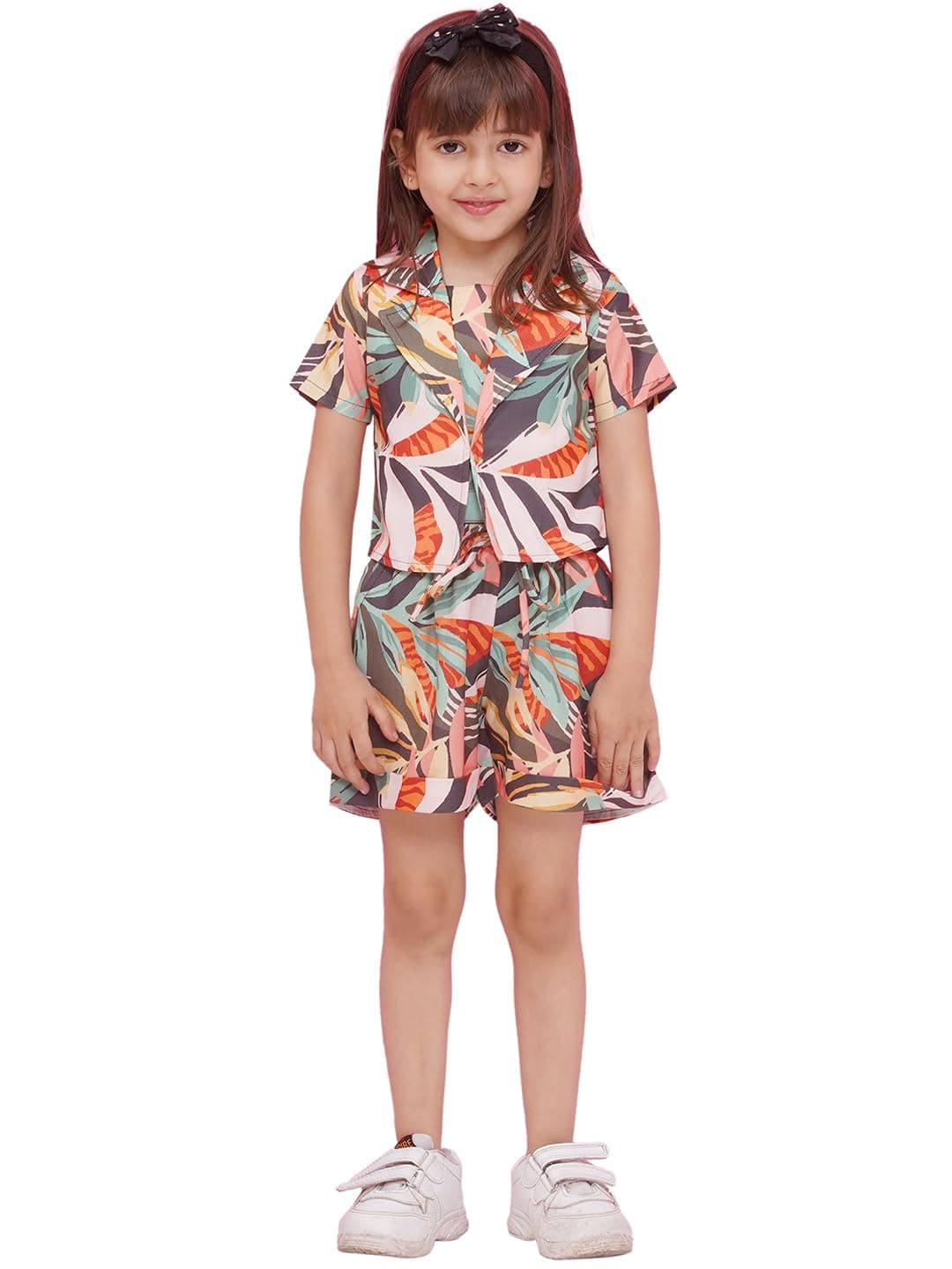 AJ DEZINES Kids Clothing Printed Beach Summer Dress Pure Cotton Black Top Shorts With Jacket Cord Set for Girls (G-CO-2015-MULTI-BLACK-22)