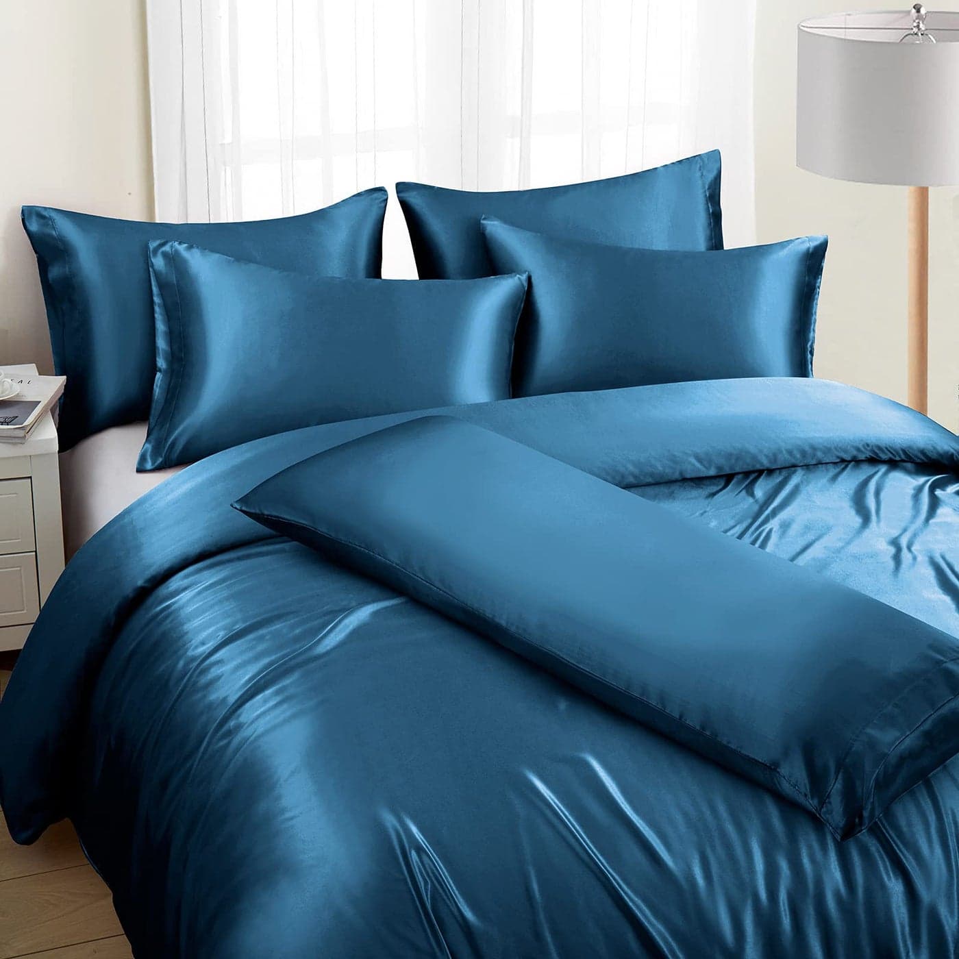 Ersmak 6 Pieces Satin Duvet Cover King Size Luxury Silky Bedding Duvet Cover Set with 1 Soft Duvet Cover 4 King Pillowcases and 1 Body Pillowcase Navy Blue