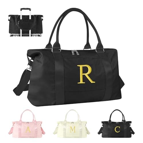 Personalized Initial Gym Dance Bag Travel Duffel Bag for Teen Girls Carry On Bag Overnight Weekender Bag with Trolley Sleeve Birthday Gifts for Women Mom Daughter Graduation GiftLetter R Black