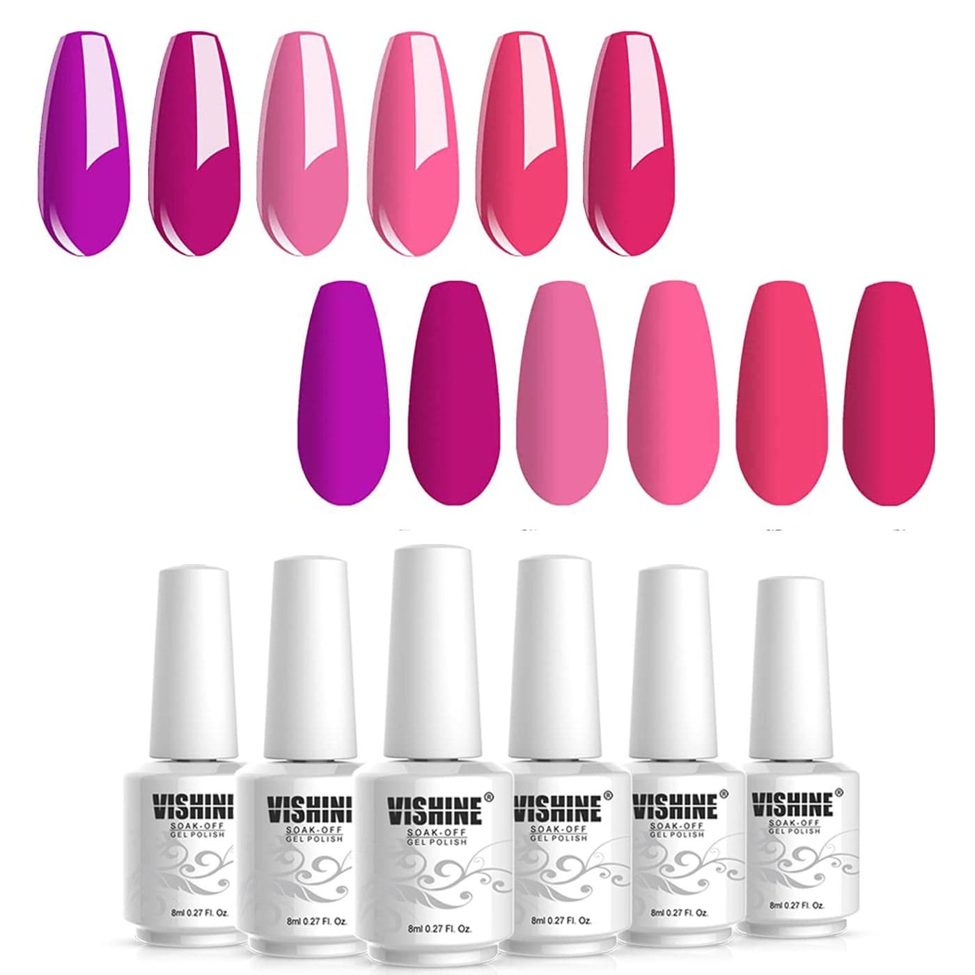 Vishine Hot Pink Fuchsia Gel Nail Polish Set 6PCS Colors Magenta Purple Gel Polish Soak Off Gel Polish Set Nail Art LED UV Nail Lamp Cured8ml Each Bottle Nail Gel Kit Glamour Gifts