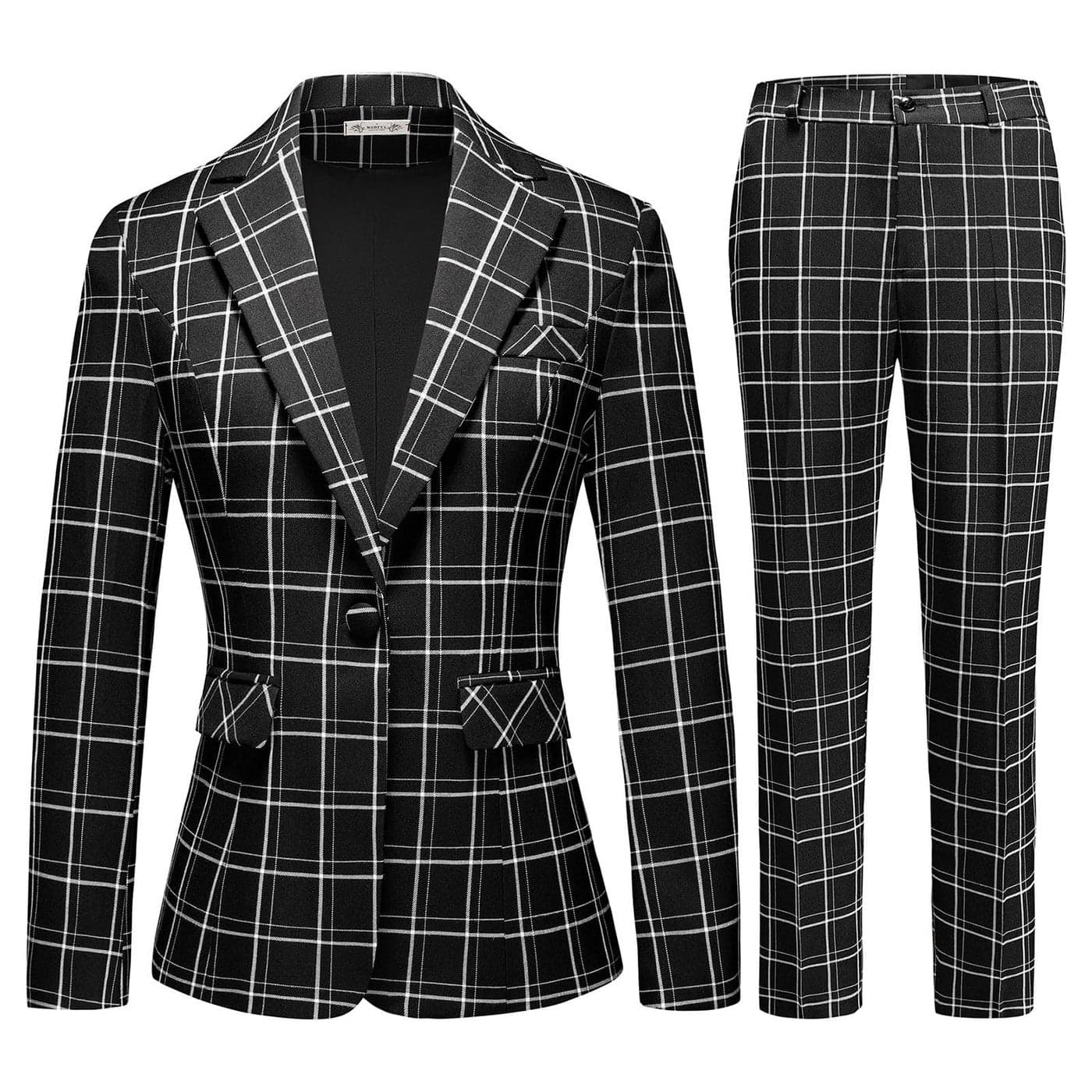 MODFUL Womens 2 Piece Casual Plaid Suit Set Office One Button Slim Fit Blazer with Pant Blacka