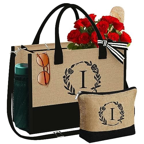 YOOLIFE Initial Jute Tote Bag - Gifts for Her, Beach, Wedding; Personalized Monogram Embroidery
