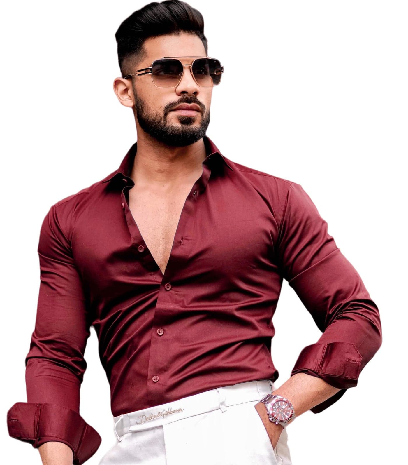 IndoPrimo Men's Casual Solid Satin Shirt for Men Full Sleeves - Crystal (Large, Maroon)