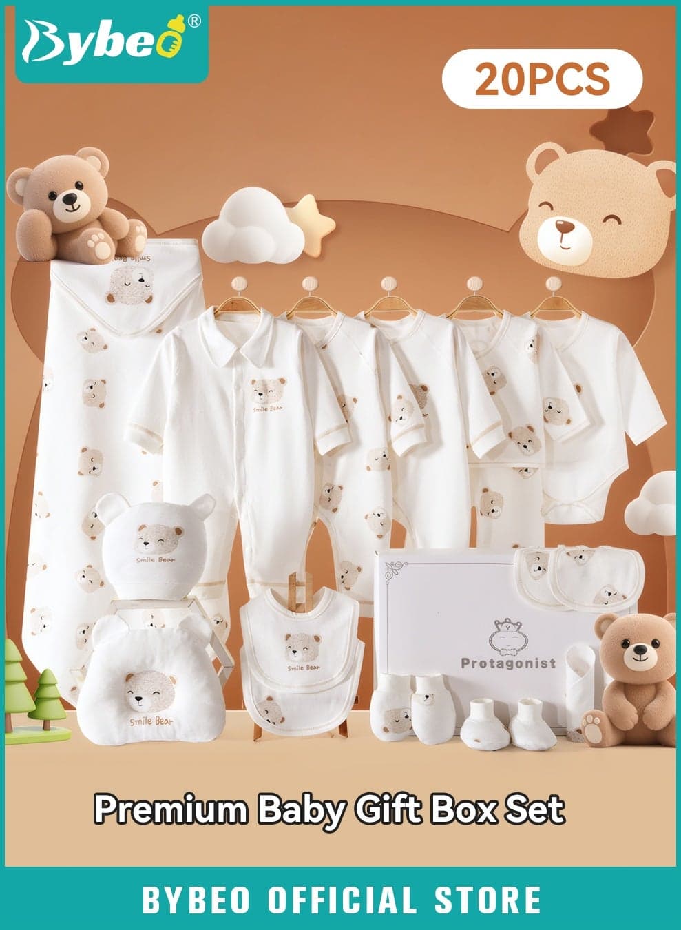 20PCS Newborn Baby Gifts Set, Newborn Layette Gift Set, Baby Clothes Accessories Set for Boys and Girls, Premium Cotton, Perfect Gift Box with Beautifully Gift Box for Spring Summer Autumn Winter