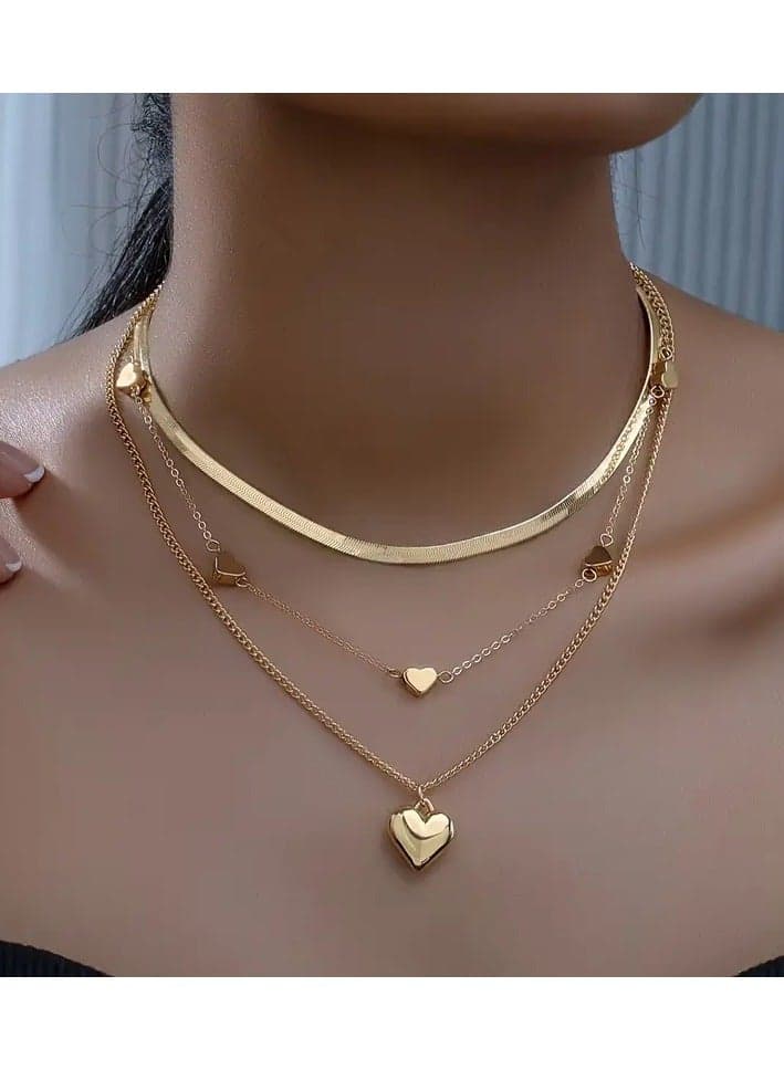 1 Set Elegant 3-Layer Golden Heart Pendant Necklace, Stainless Steel Fashion Choker and Chain, Luxurious No-Gem Inlay, Versatile for Daily Wear Gifting, Perfect Valentine'S Day Gift for Her