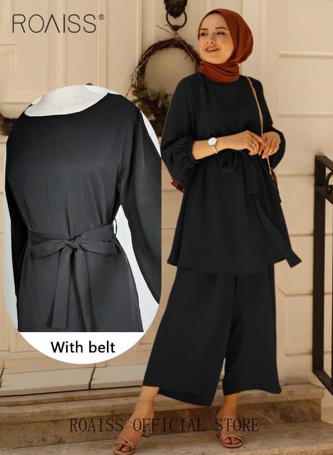 2Pcs Women's Casual Set Long-Sleeved Top + Pants of The Same Color Malay Indonesia Style Loose Casual Comfortable