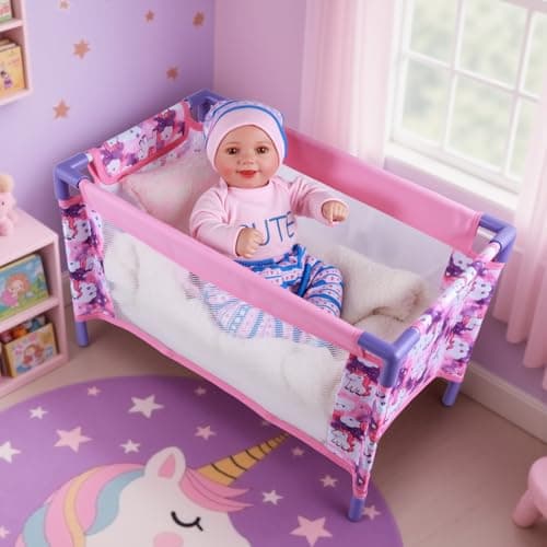 BABESIDE Baby Doll Crib Set for 18 Inch Dolls Foldable Baby Doll Bed Playpen Toy Crib with Storage Bag for Reborn Baby Doll Accessories Purple Babydoll Crib