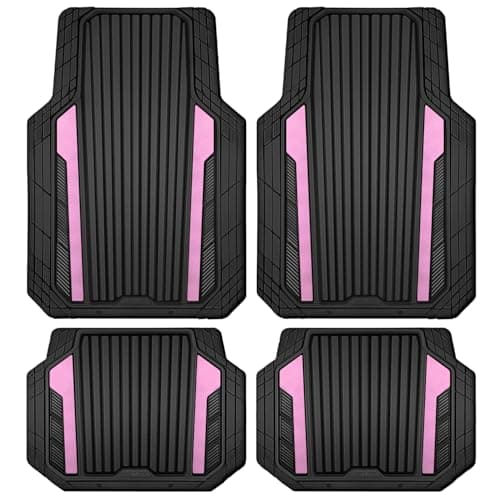 CAR PASS Heavy Duty Rubber Car Mats Metallic Aluminum Film Cute All Weather Floor Mats Waterproof Universal Trim to Fit for SUV Sedan Van 4 Piece Deep Dish TwoTone Sporty Black Light Pink Chrome