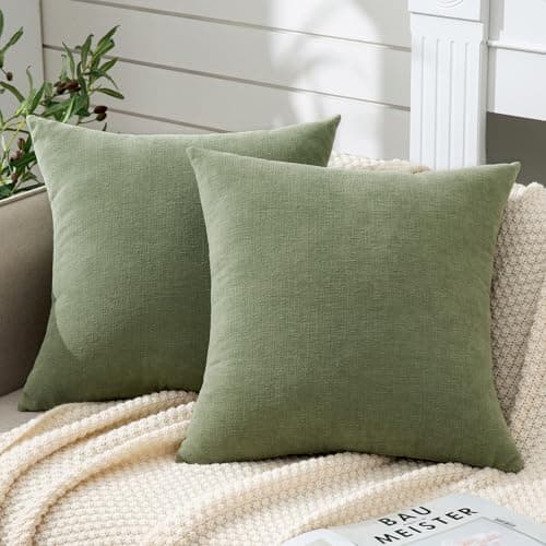 GAWAMAY Decorative Throw Pillow Covers 16x16 Inch Set of 2, Super Soft Chenille Square Pillows Farmhouse Fall Pillowcase for Living Room Bedroom Sofa Couch Cushion Cover 40x40cm Sage Green