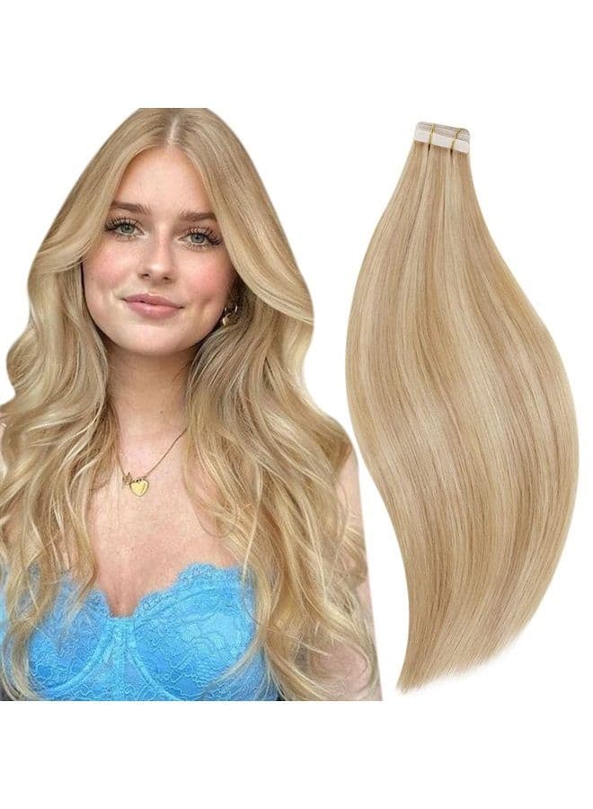 Straight Tape in Real Hair Extensions Seamless Skin Weft Tape in Extensions Human Hair Invisible Golden Blonde with Light Blonde Human Hair Extensions Tape in 16 Inch 50 Gram 20 Pieces
