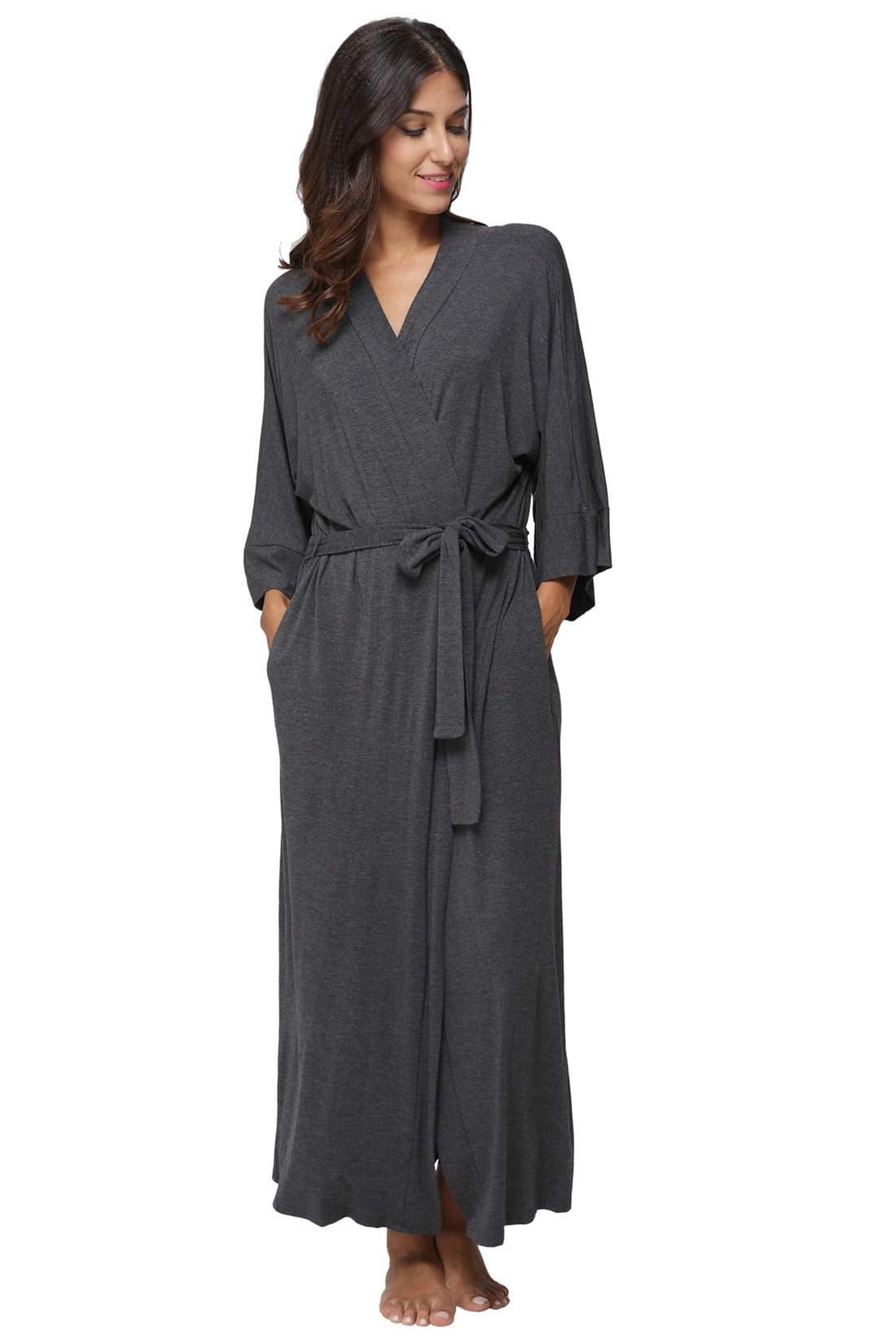 Womens Maternity Full Length Kimono Robes Soft Dressing Gown Sleepwear Dark Grey