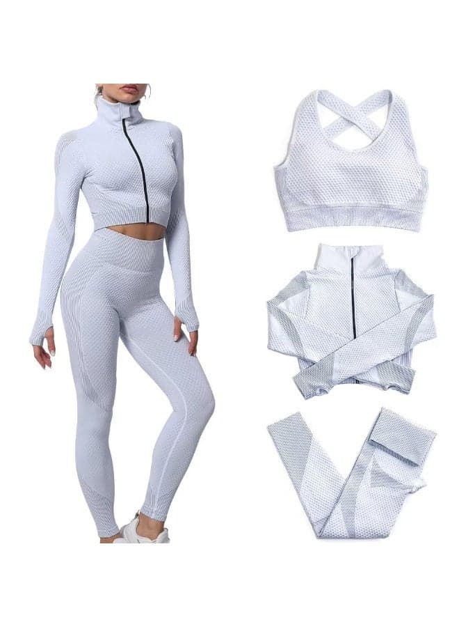 Women's 3pcs Seamless Workout Outfits Sets, Yoga Sportswear Tracksuit Leggings and Stretch Sports Bra Fitness
