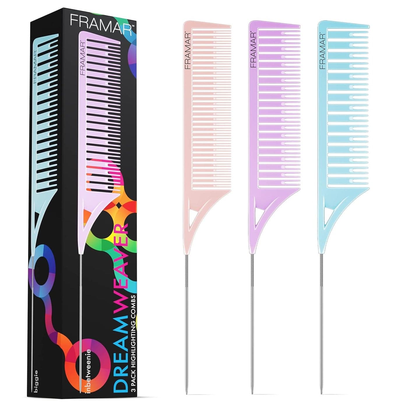 Framar Dreamweaver Highlight Comb Set Combs for Hair Stylist Highlighting Comb Hair Dye Comb Hair Highlighter Comb with Metal Pick Balayage Comb 3 Pack Pastel
