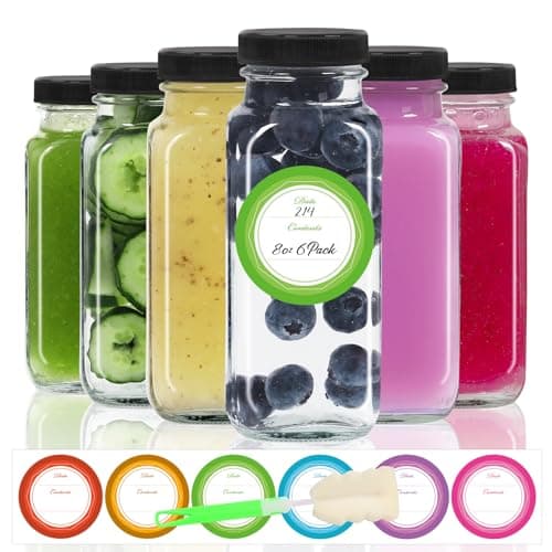 STARSIDE 8 oz Glass Juice Bottles with Lids 6 Pack Square Reusable Drinking Jars for Juicing Milk Kombucha Includes 1 Bottle Brush 6 Colored Labels