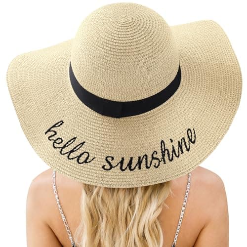 Beach Sun Hats for Women, Wide Brim Straw Hat for Women, Womens Sun Hat UPF 50+ UV Protection, Summer Hats Packable Foldable Roll up Cap, Beige