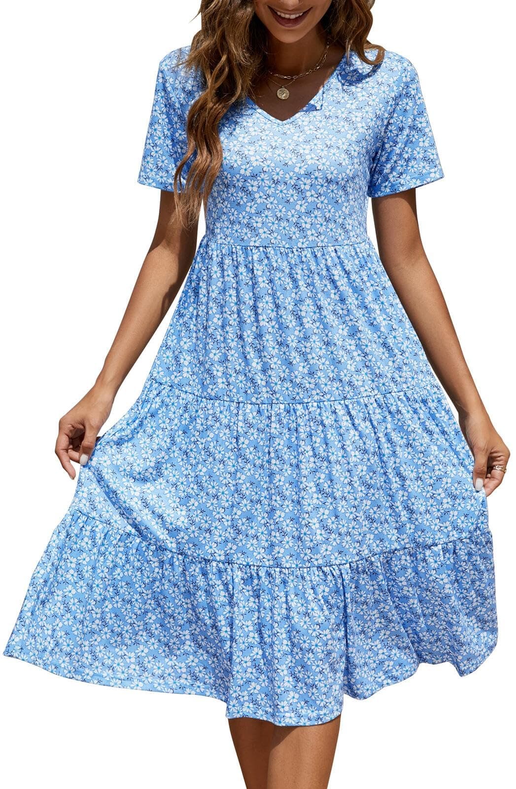 Berydress Womens Casual Summer Dresses Short Sleeve V-Neck Wedding Guest Floral Tiered Midi Dress (L, 6175-Blue Daisy)