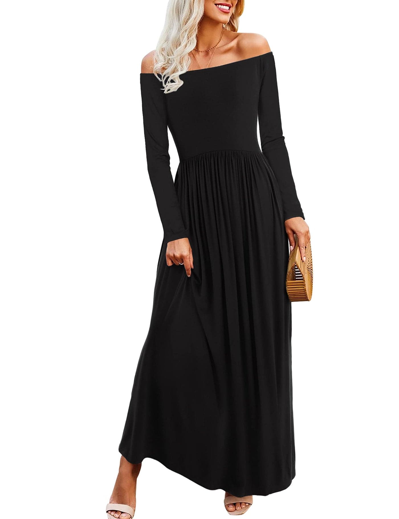 Amoretu Maix Dresses Off Shoulder Long Sleeve Sexy Smocked Ruched Long Dress Black S