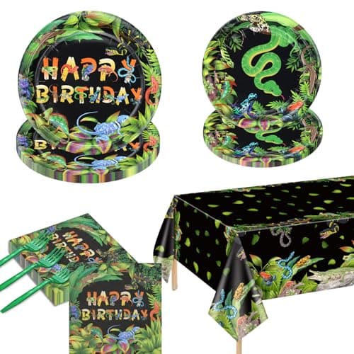 81Pcs Reptile Party Decorations Plates Including Reptile Birthday Decorations Plates Napkins Wildlife Tablecloth for Jungle Safari Lizard Swamp Birthday Party Supplies Serve 20