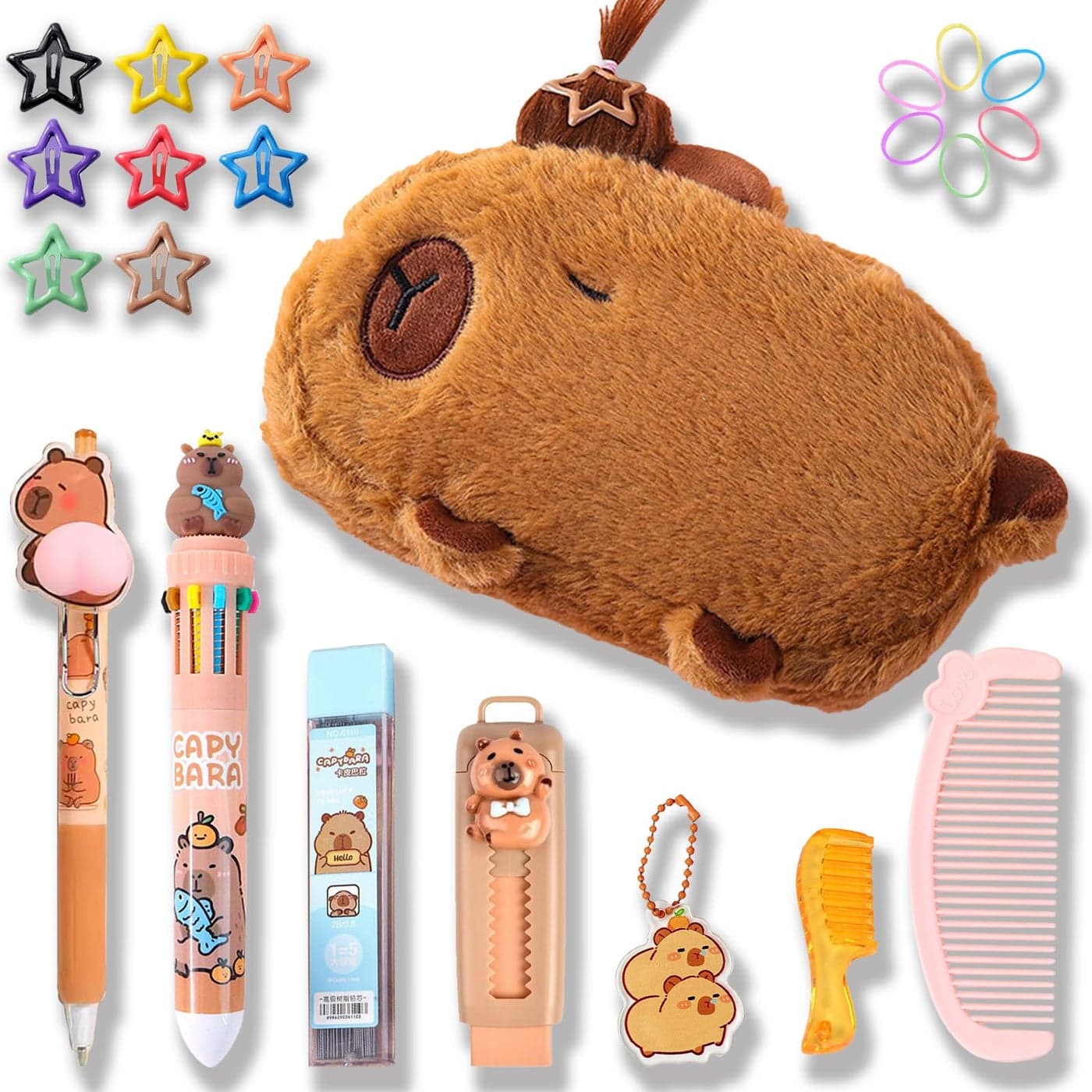 KEYDUACU Cute Capybara Pencil Case Set Stationery Set with Hairstyle Decor Kit Large Capacity School Supplies Bag 10Color Pen Pencil Capibara Capybara GiftBrown