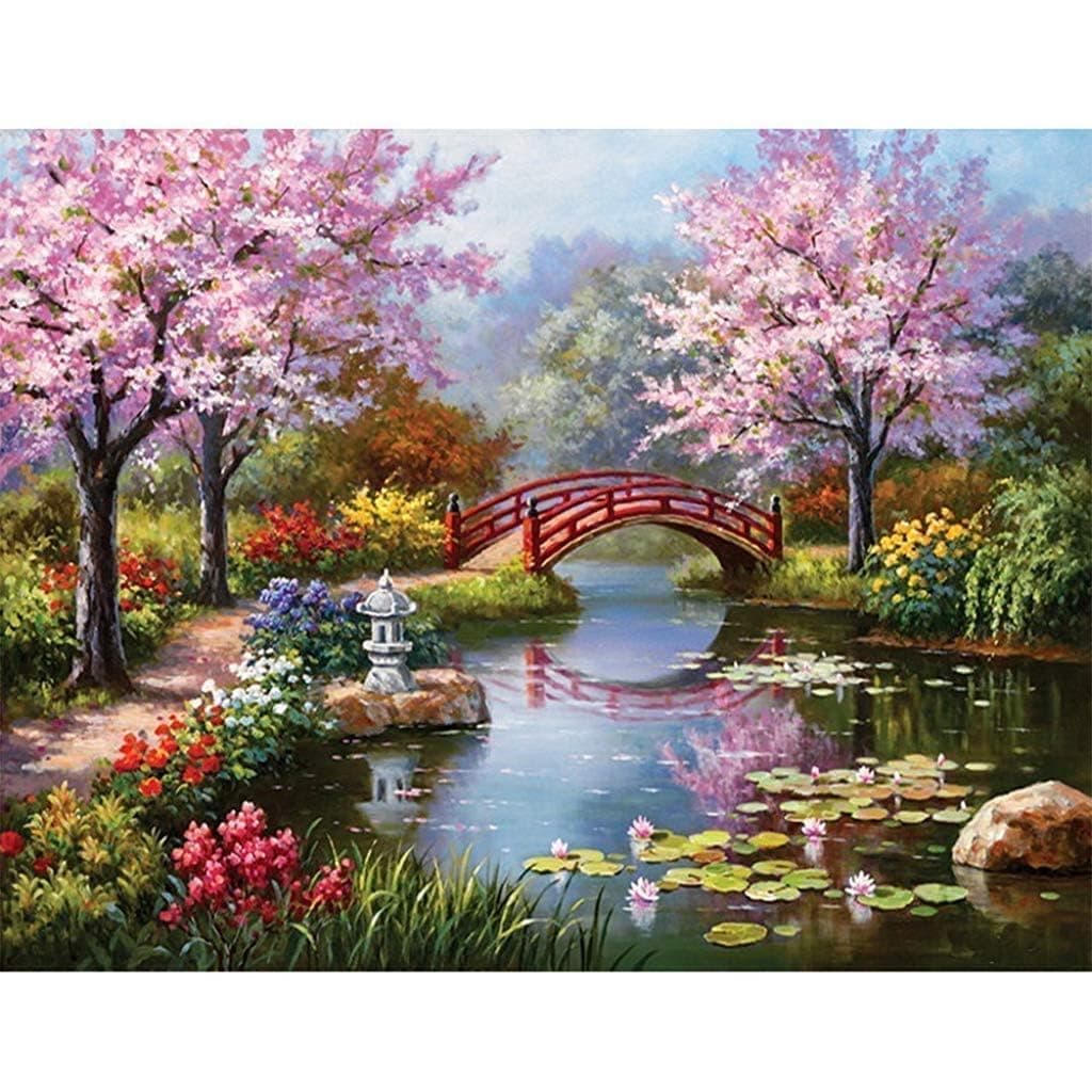 EARTHCONE Adults Kids 5D Diamond Painting Kits Large Embroidery Diamond Painting Art Craft Kits for Bar Home Hotels Office Coffee Shop 30x40cm Peach Blossom Bridge