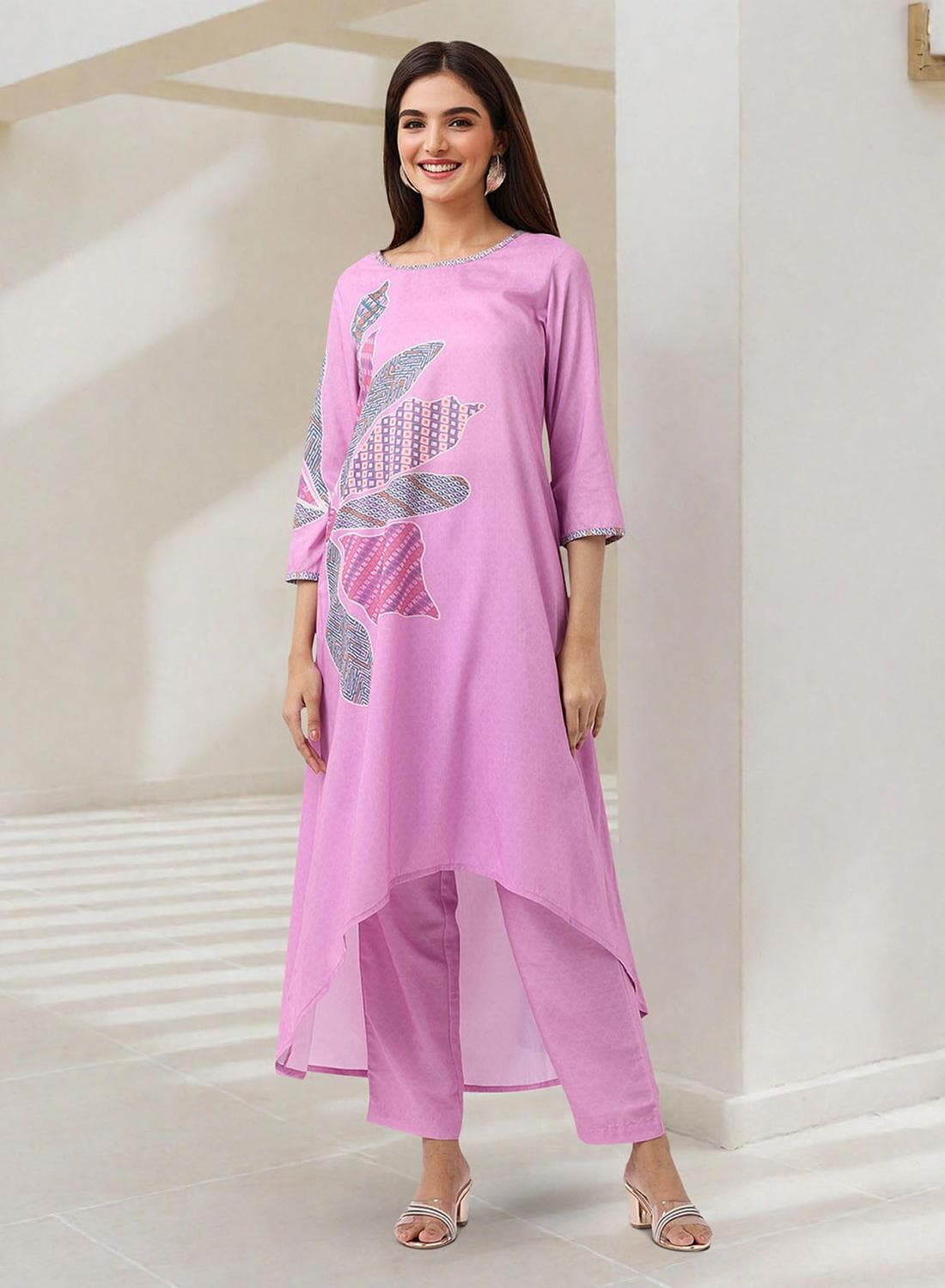 Floral Printed Boat Neck A-Line Kurta With Trousers