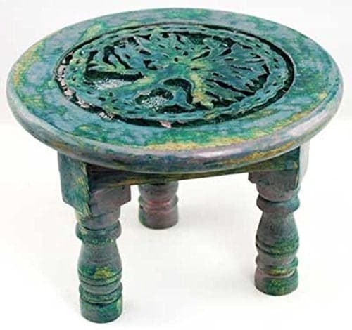 New Age Imports Round Tree of Life Altar Table Rustic Green Magenta