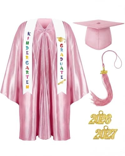 Foaincore 2026 Year Preschool and Kindergarten Graduation Gown Cap Tassel Set with 2026 Charm Printed Stole Grad Gift36Pink