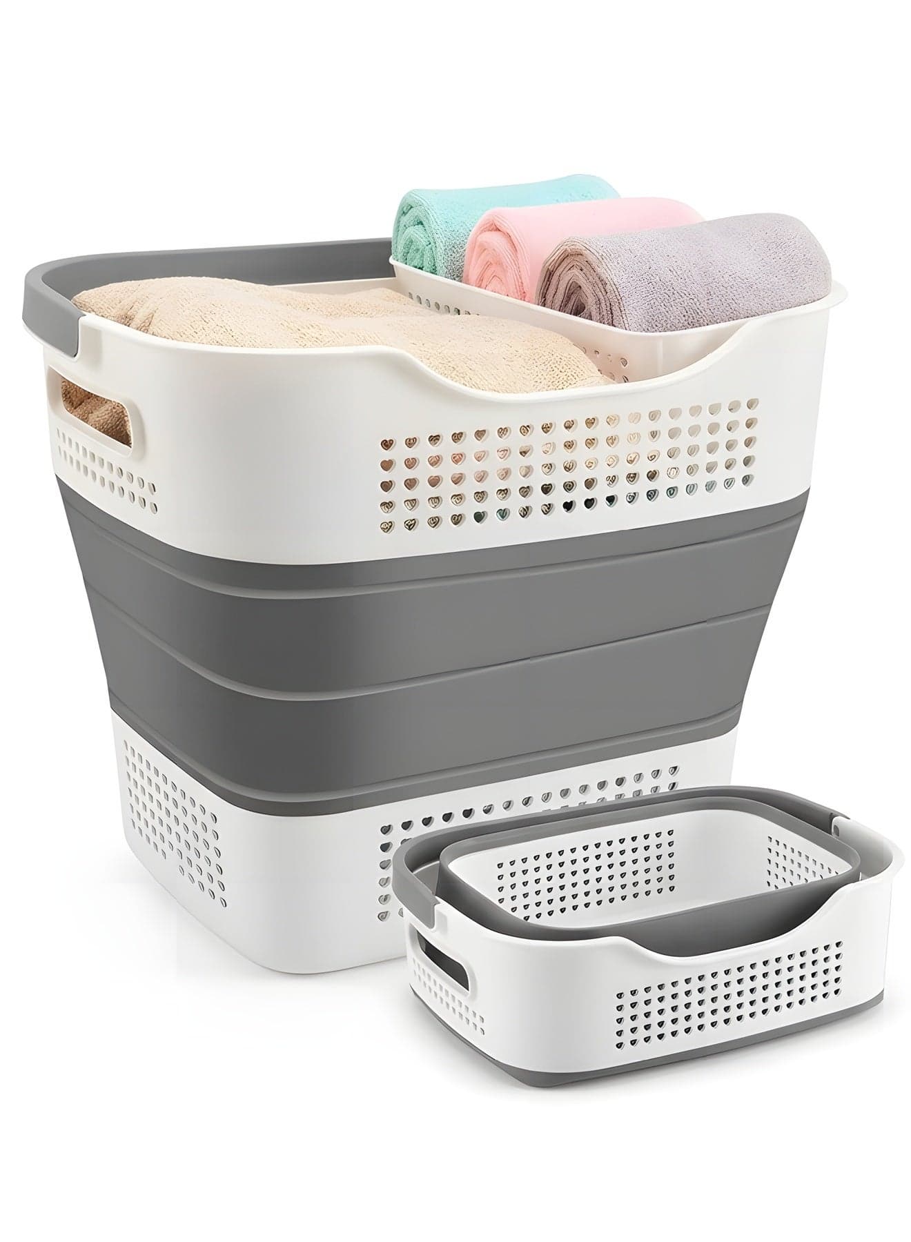 Laundry Basket Large Foldable 40L with Handle, Collapsible Handled Plastic Washing Clothes Laundry Container, Multi purpose Organizer for Home (Dark Grey)