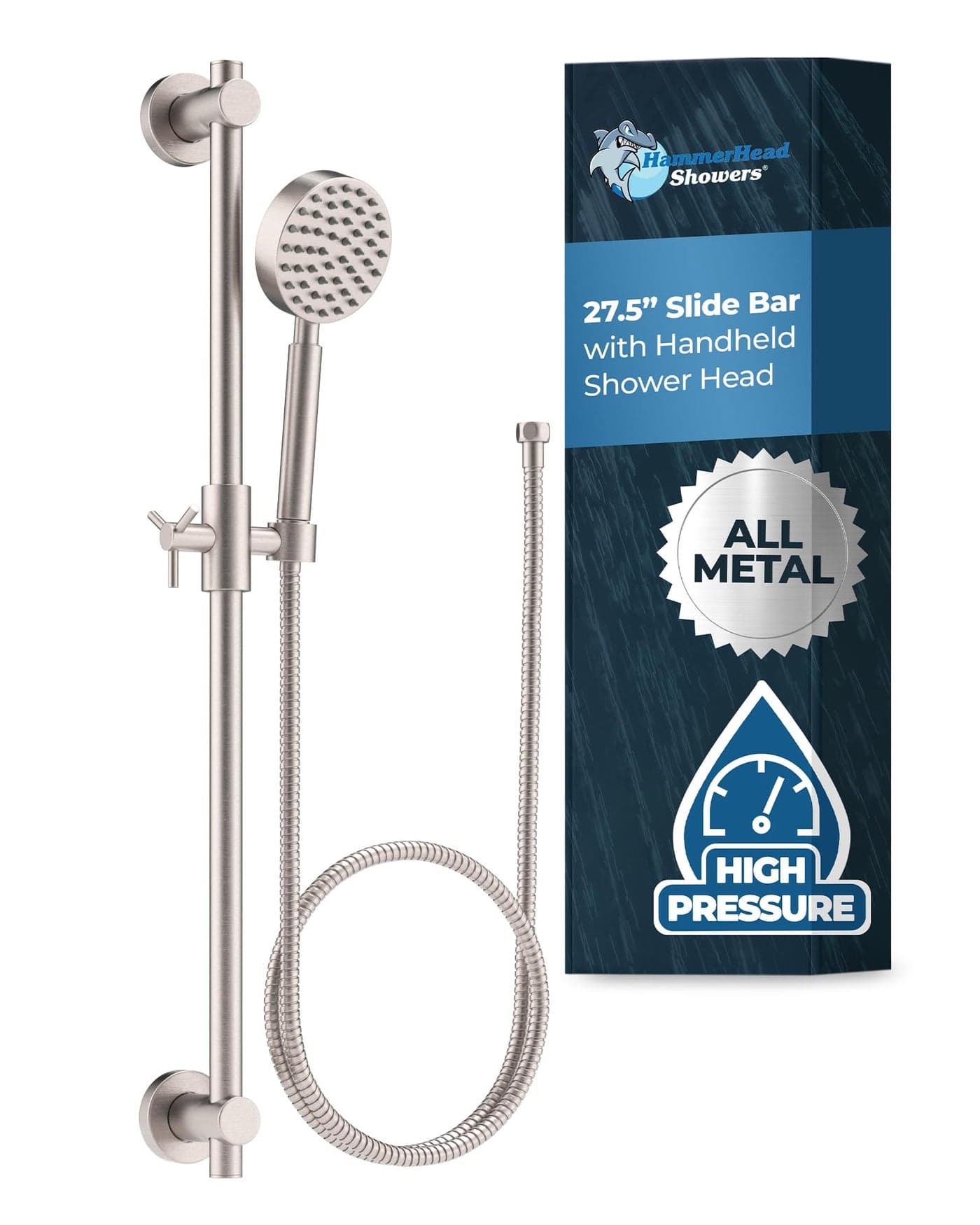 HammerHead Showers Solid Metal 275 Inch Shower Slide Bar Set and Handheld Shower Head with Hose BRUSHED NICKEL 25 GPM High Pressure Spray Wand Easily Adjust Height Angle of Handshower