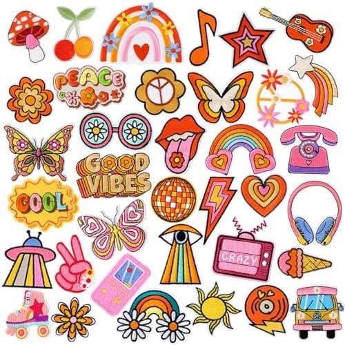 AUGSUN 36pcs Hippie Embroidered Patches Random Assorted Styles Hippie Theme Iron on Patches for Girls Wonmen DIY Sew Applique Repair Patch Cute Sew on Patches for Backpacks Pants Clothes Jeans