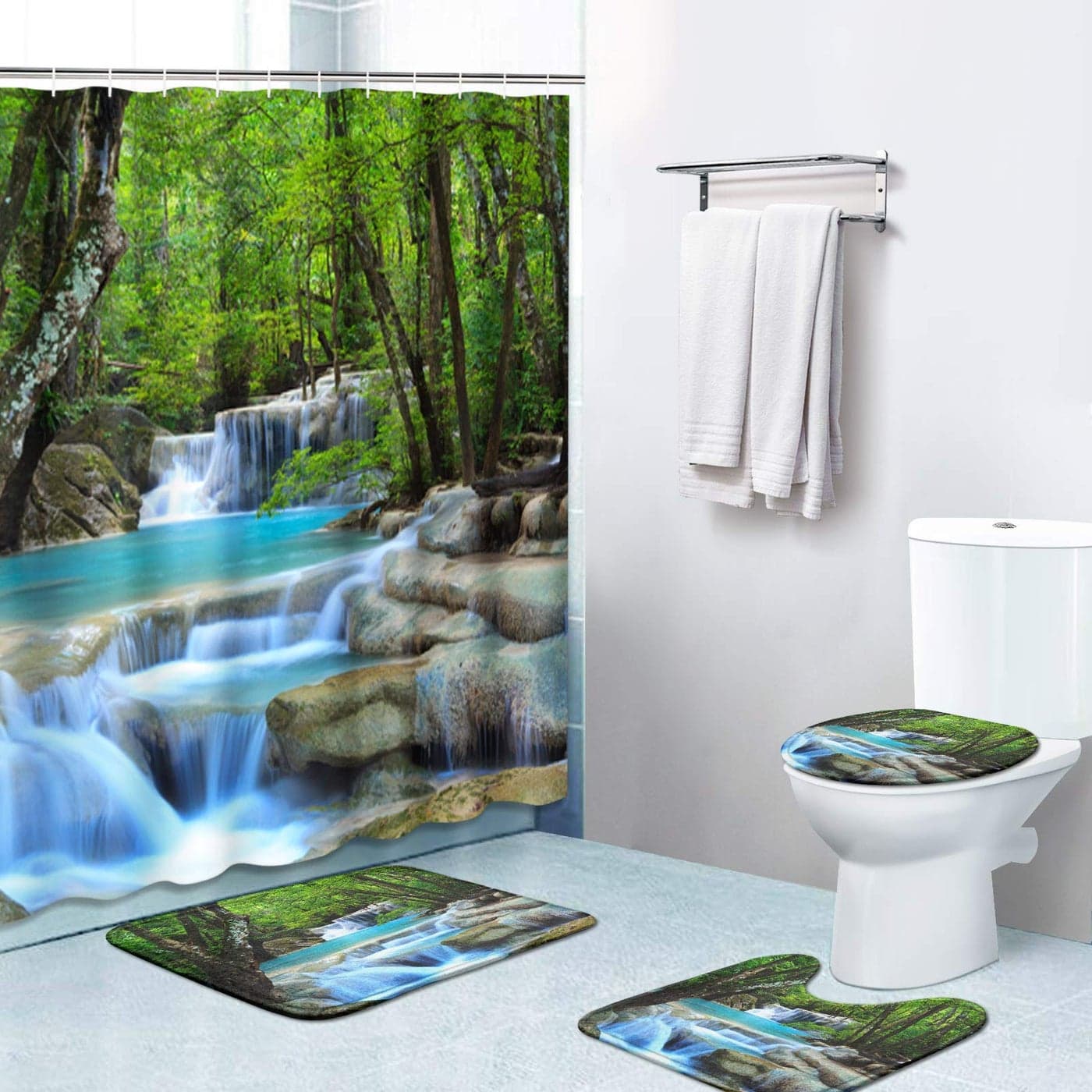 Britimes 4 Piece Shower Curtain Sets Scenery Waterfall with NonSlip Rugs Toilet Lid Cover and Bath Mat for Bathroom Decor Set 72 x 72