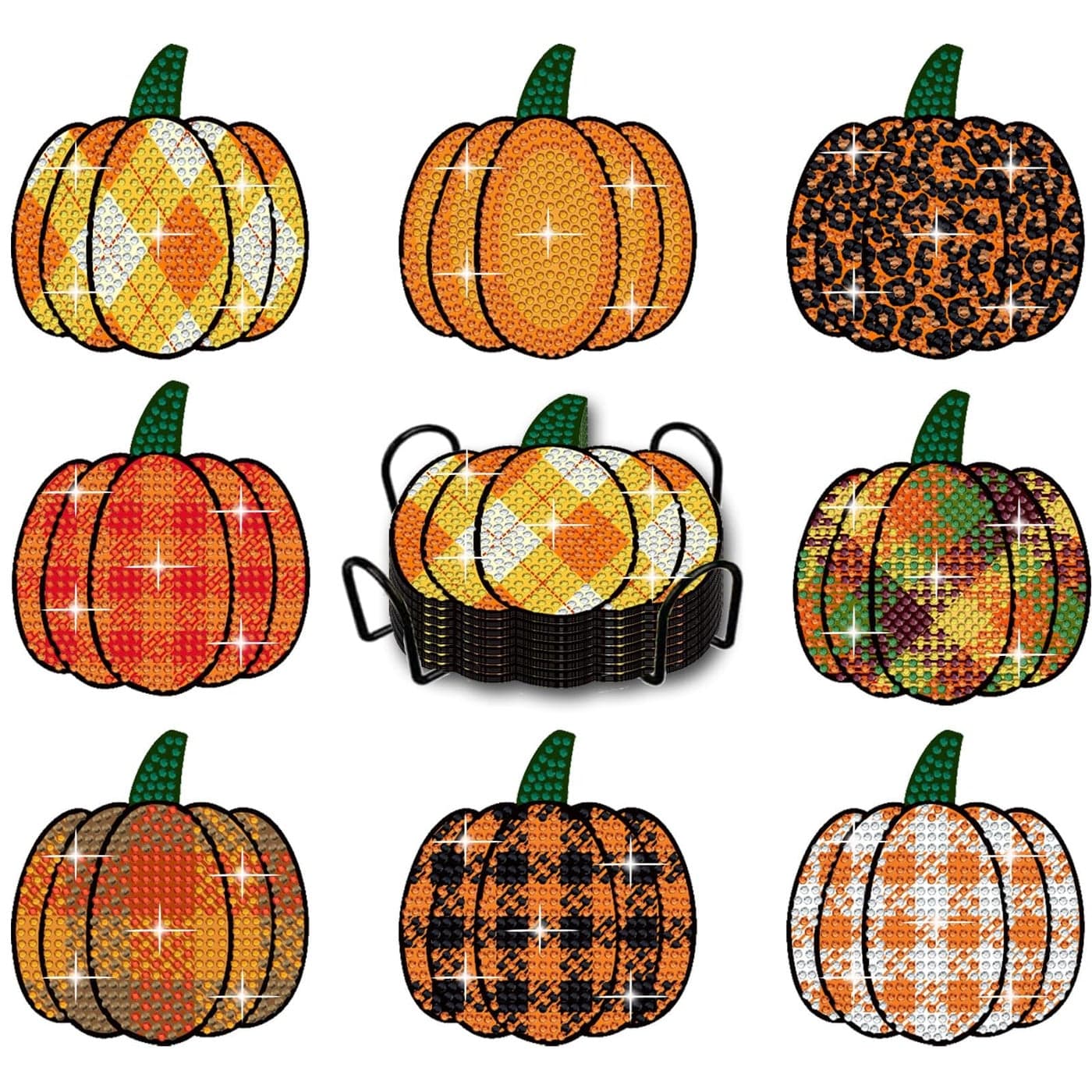 8 Pieces Fall Pumpkin Diamond Art Painting Coasters with Holder DIY DIY Autumn Diamond Art Painting Kit Diamond Coasters for Adults Kids Crafts Gift Beginner