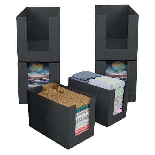 Kuber Industries (Pack of 6) Non-Woven Shirt Stacker For Storage | Foldable Wardrobe/Closet Organizer For Saree Shirt, Pant, Dress | Foldable and Stackable Storage Box | Plain - Black
