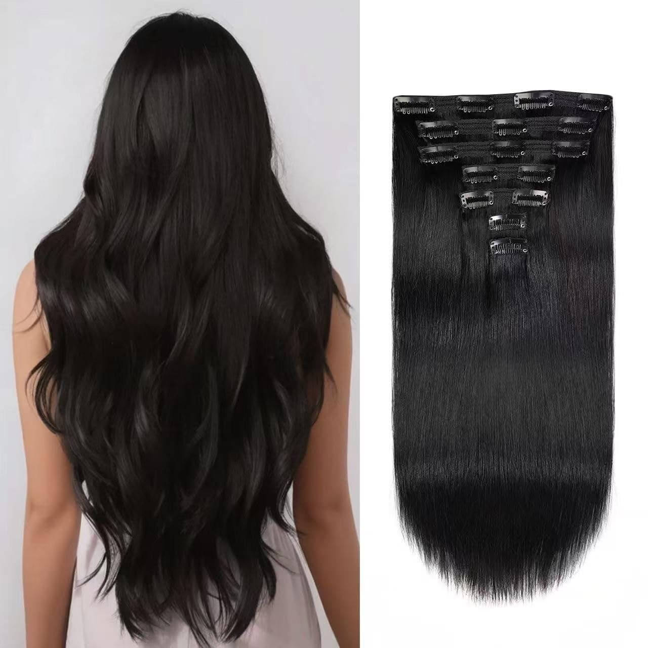 Jiameisi Clip in Hair Extensions Real Human Hair 18inch Remy Human Hair Extensions Double Weft 70g 7pcs Natural Straight Clip ins for Women 1 Jet Black