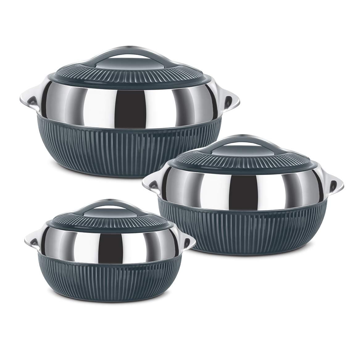Milton Fiesta Insulated Casserole Grey Set of 3 Inner Stainless Steel 450 Ml