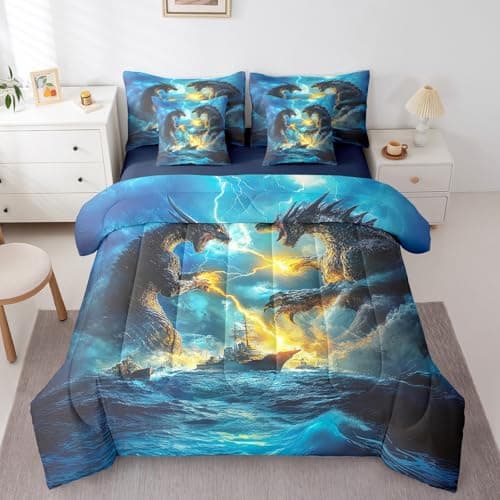 Erosebridal 7Pcs Kids Comforter Sets Full Size, Dragon Comforter Set 3D Fierce Animal Theme Bedding Bed in a Bag(1 Comforter, 1 Flat Sheet 1 Fitted Sheet 2 Pillowcases and 2 Throw Pillow Covers)