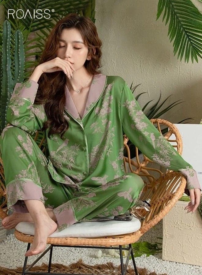 Women's Elegant Floral Print Pajama Set Soft Long Sleeve Button up Top and Pants, Comfortable and Breathable for Home Wear, Machine Washable Loungewear