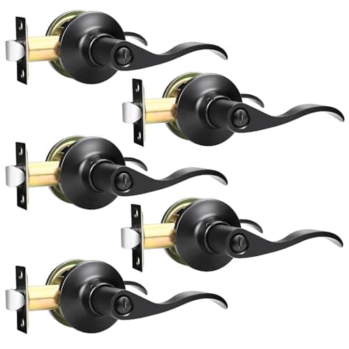GOBEKOR 5 Pack Black Door Handle with Lock, Matte Black Interior Door Handles Keyless for Bedroom Bathroom Privacy Door Levers Black Bedroom Door Handles Set