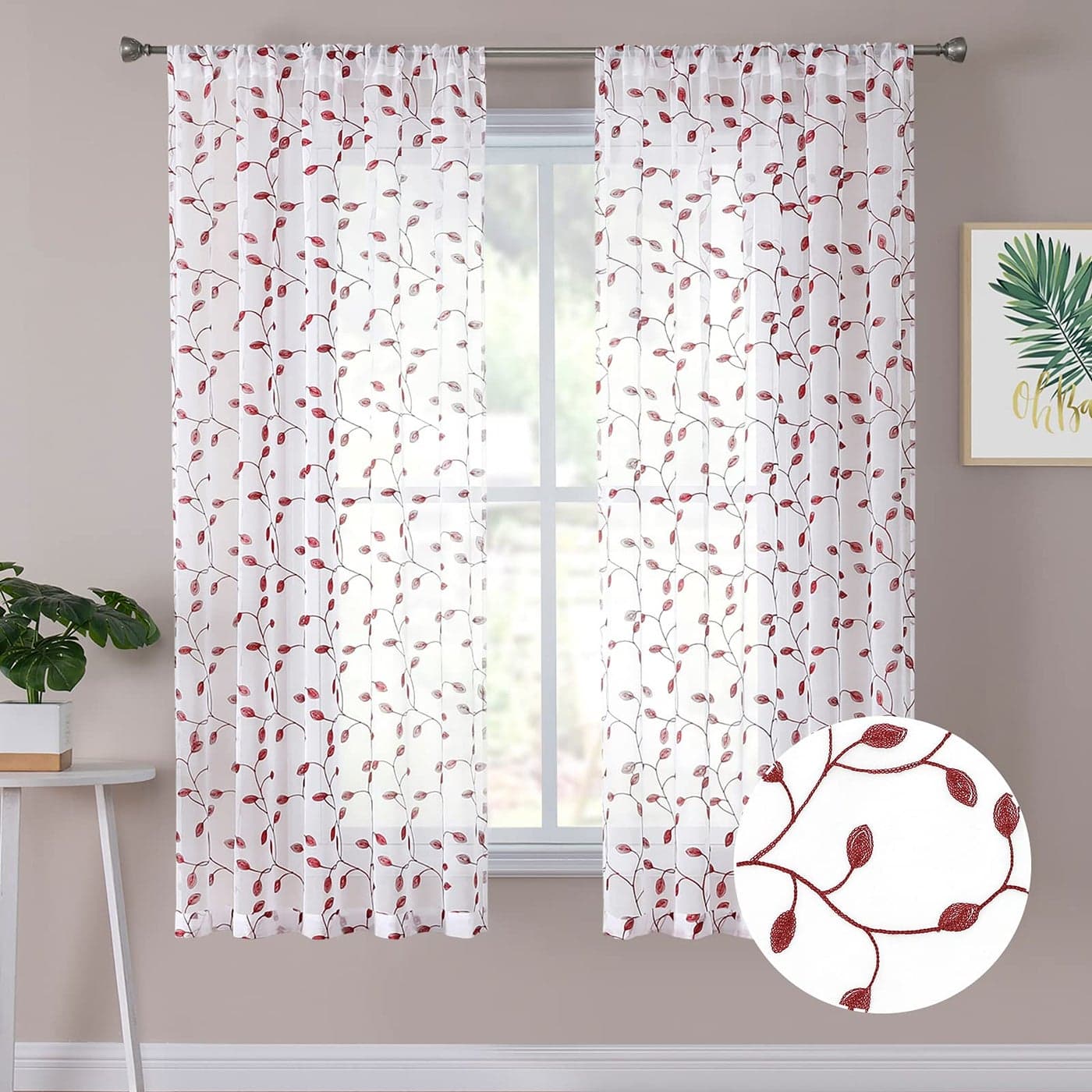 Tollpiz Leaves Short Sheer Curtain Burgundy Red Leaf Embroidery Bedroom Curtains Rod Pocket Voile Faux Linen Embroidered Leaves Curtain for Living Room 54 x 54 inches Long Set of 2 Panels